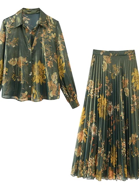 Zara Olive Green Floral Pleated Maxi Skirt